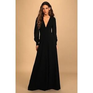 Lulus Black Long Sleeve Deep V Neck Open Back Maxi Dress Womens Size S